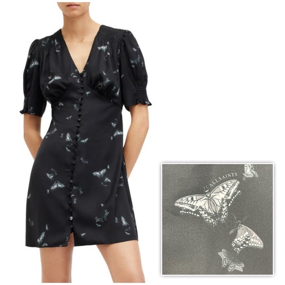 New All Saints Demi Butterfly Print Satin Mini Dress Black Sz 8